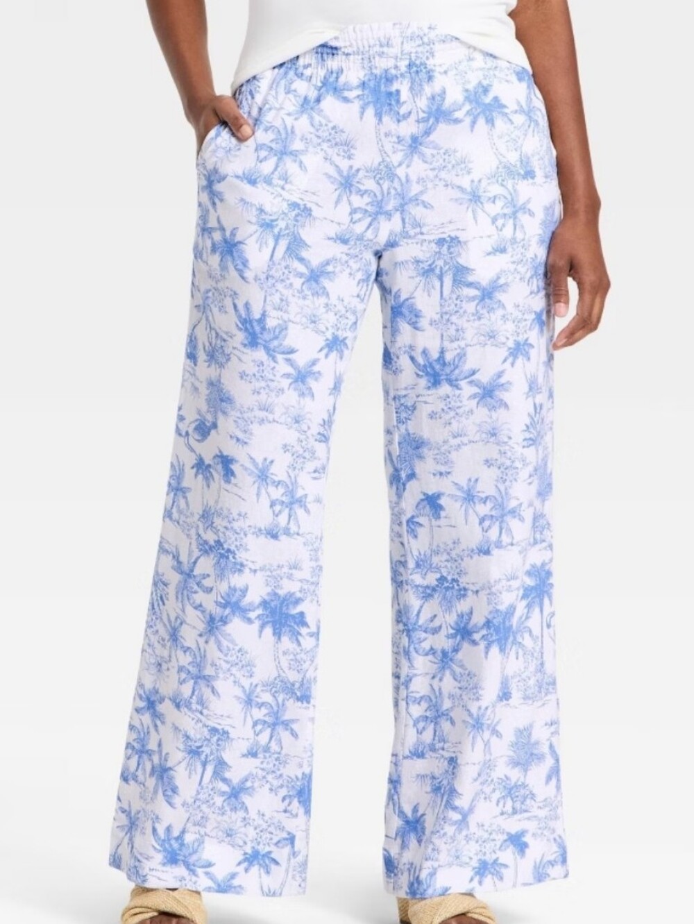 Women's Linen Wide Leg Pull-On Pants - A New Day Blue/White Toile L Long